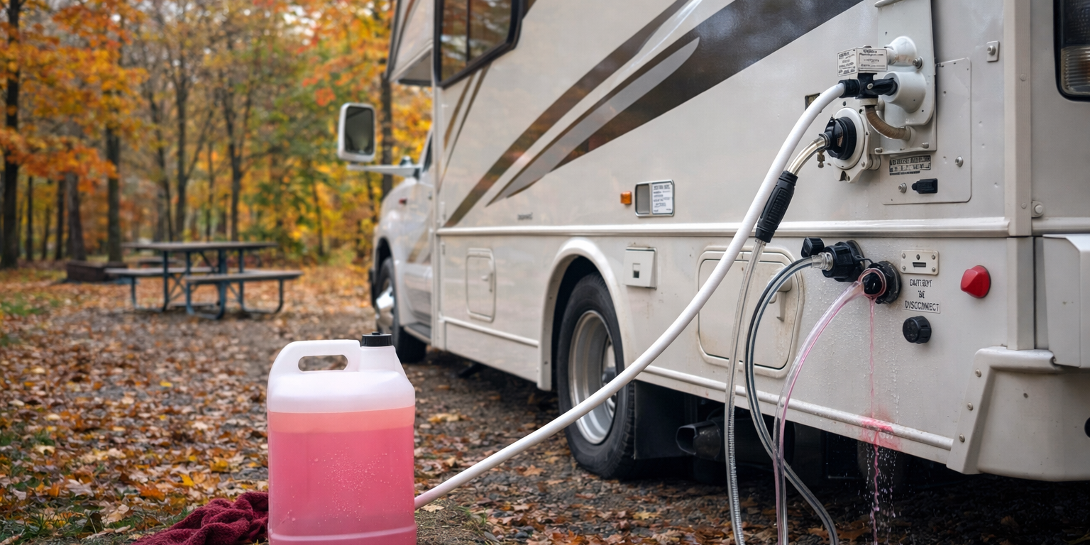 Winterizing an RV for Michigan Winter RV being winterized at a campground in Michigan during fall