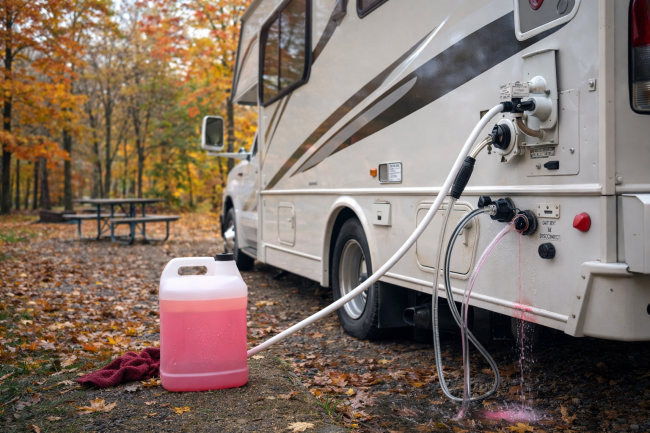 Winterizing an RV for Michigan Winter RV being winterized at a campground in Michigan during fall