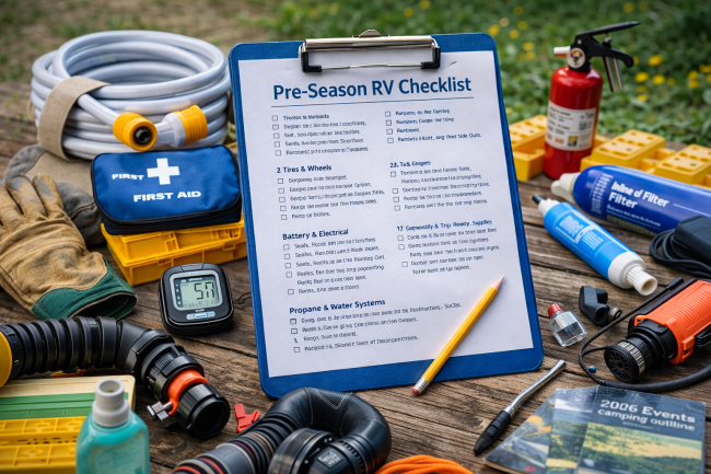 Pre-Season RV Checklist for Camping RV checklist and camping gear laid out for spring camping preparation