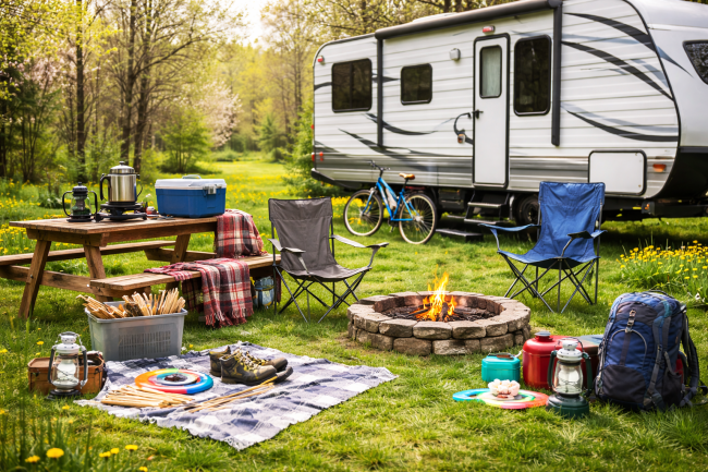 Spring Camping Trip Planning Family RV and camping gear ready for spring camping with early spring greenery